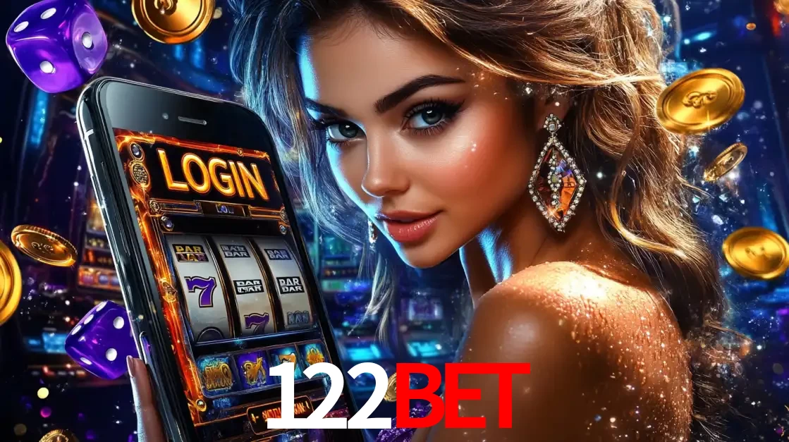 Mulher glamorosa segurando um smartphone com a tela de login para os jogos de caça-níqueis do cassino online 122BET, com moedas de ouro e dados ao redor.