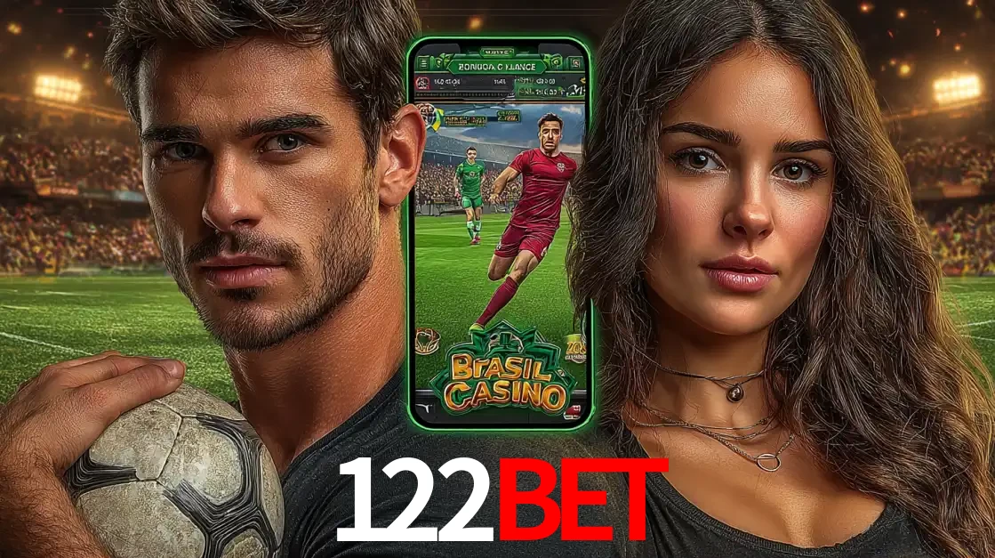 Homem segurando uma bola de futebol e uma mulher ao lado de um smartphone exibindo o jogo de apostas esportivas da 122BET. Faça seu palpite no cassino online.